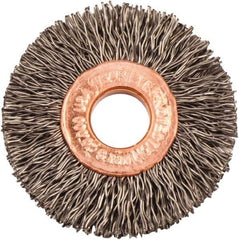 Weiler - 1-1/2" OD, 3/8" Arbor Hole, Crimped Steel Wheel Brush - 1/4" Face Width, 7/16" Trim Length, 0.014" Filament Diam, 20,000 RPM - Industrial Tool & Supply