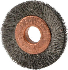 Weiler - 1" OD, 1/4" Arbor Hole, Crimped Stainless Steel Wheel Brush - 3/16" Face Width, 1/4" Trim Length, 0.003" Filament Diam, 20,000 RPM - Industrial Tool & Supply
