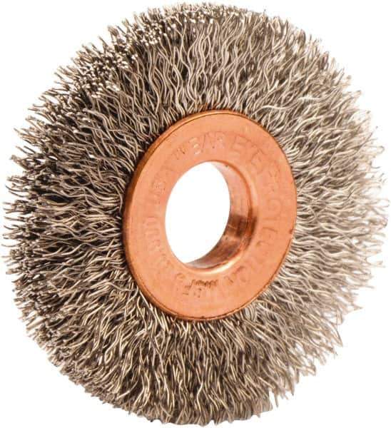 Weiler - 1-1/2" OD, 3/8" Arbor Hole, Crimped Stainless Steel Wheel Brush - 1/4" Face Width, 7/16" Trim Length, 0.008" Filament Diam, 20,000 RPM - Industrial Tool & Supply