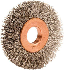 Weiler - 1-1/2" OD, 3/8" Arbor Hole, Crimped Stainless Steel Wheel Brush - 1/4" Face Width, 7/16" Trim Length, 0.008" Filament Diam, 20,000 RPM - Industrial Tool & Supply