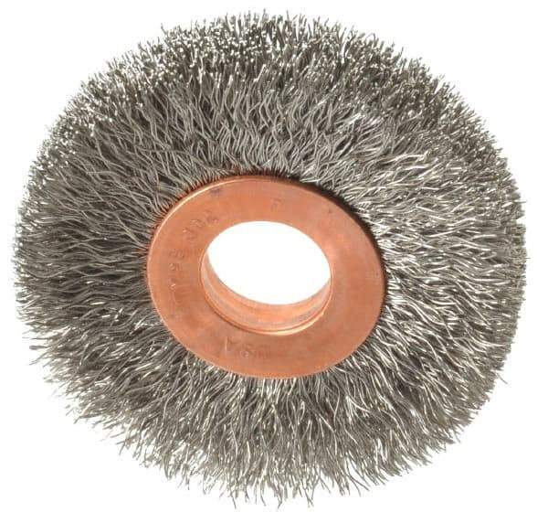 Weiler - 2" OD, 1/2" Arbor Hole, Crimped Stainless Steel Wheel Brush - 3/8" Face Width, 1/2" Trim Length, 0.008" Filament Diam, 20,000 RPM - Industrial Tool & Supply