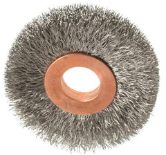 Weiler - 2" OD, 1/2" Arbor Hole, Crimped Stainless Steel Wheel Brush - 3/8" Face Width, 1/2" Trim Length, 0.008" Filament Diam, 20,000 RPM - Industrial Tool & Supply
