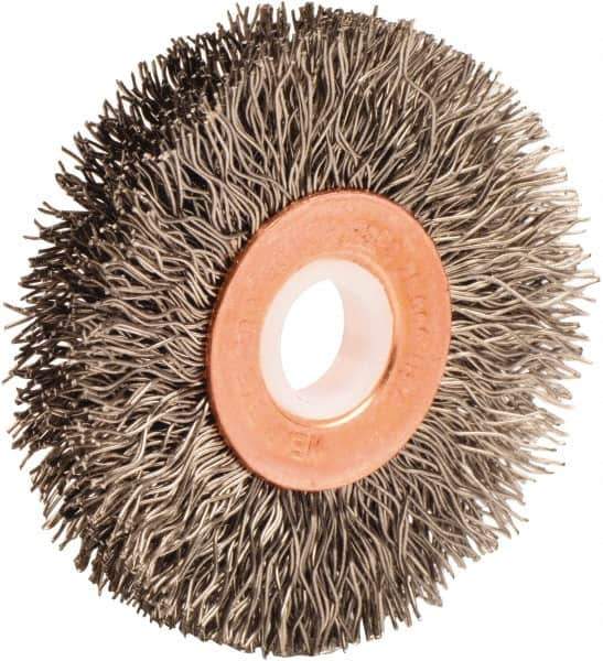 Weiler - 2" OD, 1/2" Arbor Hole, Crimped Stainless Steel Wheel Brush - 3/8" Face Width, 1/2" Trim Length, 0.014" Filament Diam, 20,000 RPM - Industrial Tool & Supply