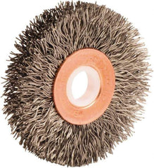 Weiler - 2" OD, 1/2" Arbor Hole, Crimped Stainless Steel Wheel Brush - 3/8" Face Width, 1/2" Trim Length, 0.014" Filament Diam, 20,000 RPM - Industrial Tool & Supply