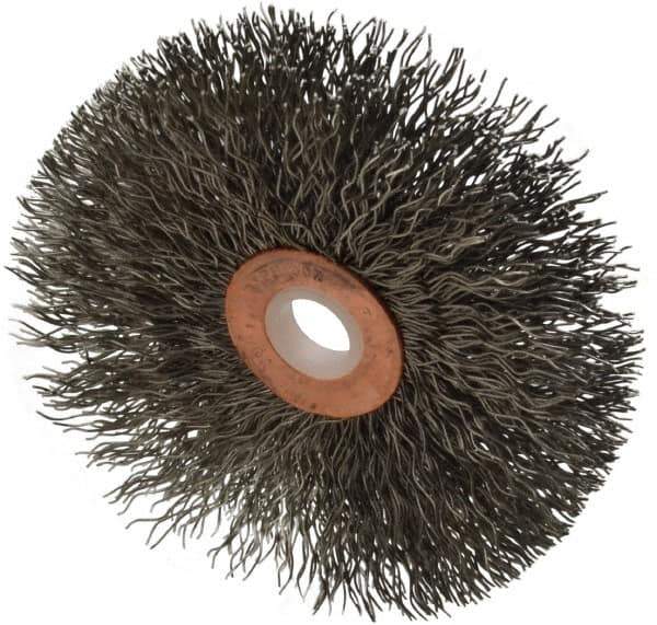 Weiler - 3" OD, 1/2" Arbor Hole, Crimped Stainless Steel Wheel Brush - 5/8" Face Width, 1" Trim Length, 0.014" Filament Diam, 20,000 RPM - Industrial Tool & Supply