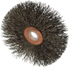 Weiler - 3" OD, 1/2" Arbor Hole, Crimped Stainless Steel Wheel Brush - 5/8" Face Width, 1" Trim Length, 0.014" Filament Diam, 20,000 RPM - Industrial Tool & Supply