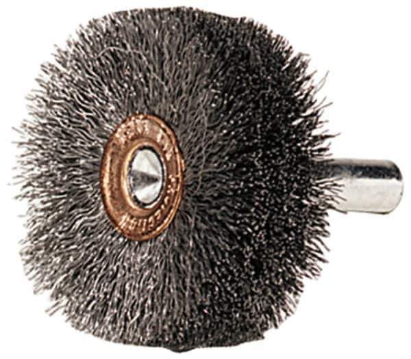 Weiler - 1-1/2" OD, 1/4" Shank Diam, Crimped Steel Wheel Brush - 1/2" Face Width, 1/2" Trim Length, 0.006" Filament Diam, 20,000 RPM - Industrial Tool & Supply