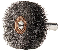 Weiler - 1-1/2" OD, 1/4" Shank Diam, Crimped Steel Wheel Brush - 1/2" Face Width, 1/2" Trim Length, 0.006" Filament Diam, 20,000 RPM - Industrial Tool & Supply