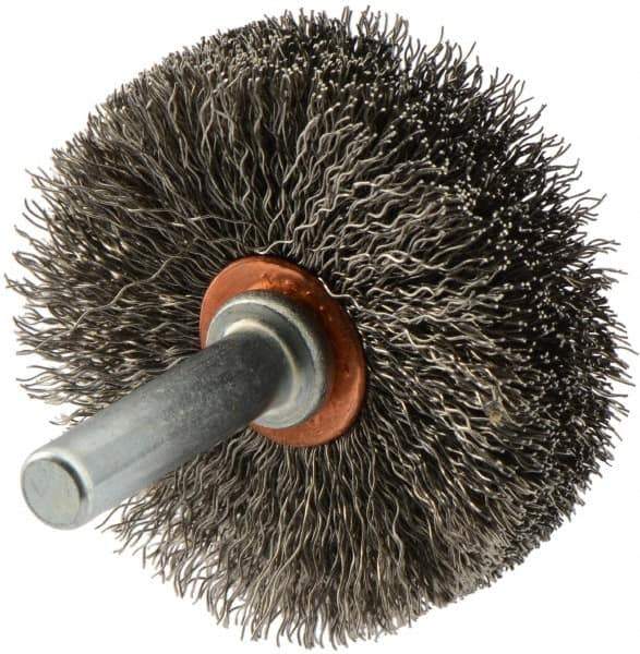 Weiler - 1-3/4" OD, 1/4" Shank Diam, Crimped Stainless Steel Wheel Brush - 1/2" Face Width, 5/8" Trim Length, 0.008" Filament Diam, 20,000 RPM - Industrial Tool & Supply