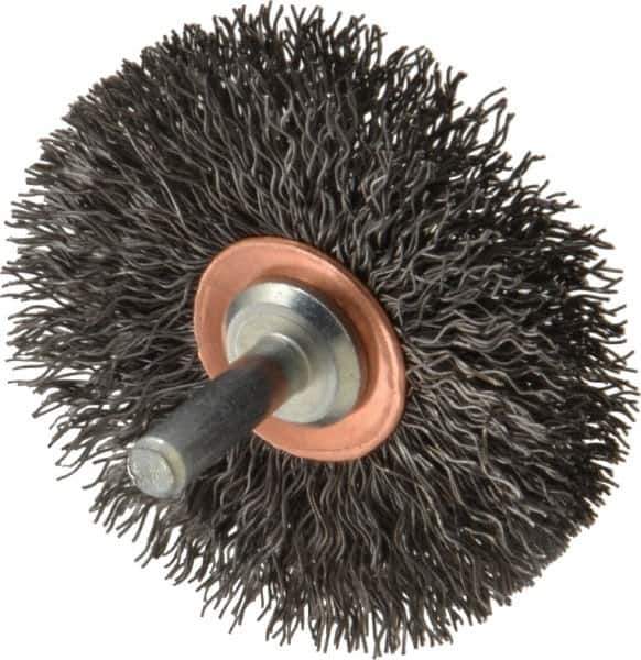 Weiler - 2-1/2" OD, 1/4" Shank Diam, Crimped Steel Wheel Brush - 3/8" Face Width, 3/4" Trim Length, 0.014" Filament Diam, 20,000 RPM - Industrial Tool & Supply