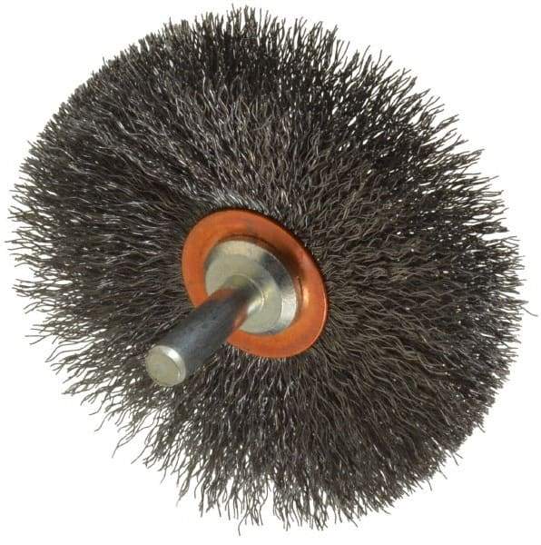 Weiler - 3" OD, 1/4" Shank Diam, Crimped Steel Wheel Brush - 1/2" Face Width, 1" Trim Length, 0.008" Filament Diam, 20,000 RPM - Industrial Tool & Supply