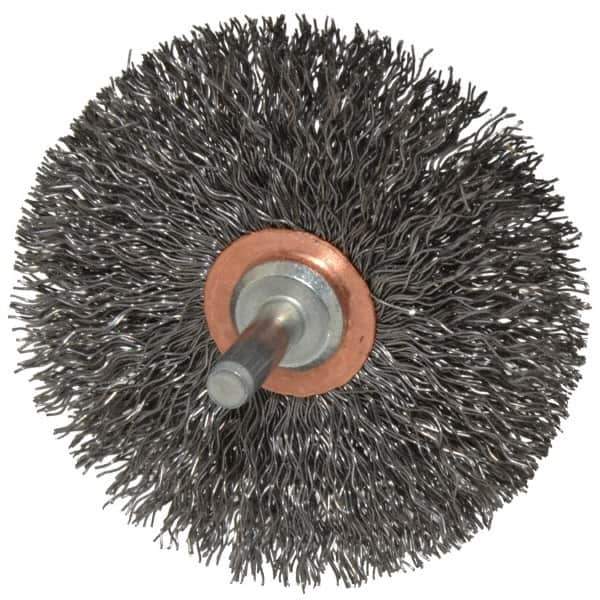 Weiler - 3" OD, 1/4" Shank Diam, Crimped Steel Wheel Brush - 1/2" Face Width, 1" Trim Length, 0.014" Filament Diam, 20,000 RPM - Industrial Tool & Supply
