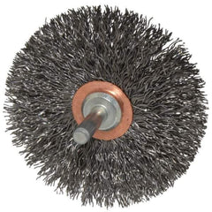 Weiler - 3" OD, 1/4" Shank Diam, Crimped Steel Wheel Brush - 1/2" Face Width, 1" Trim Length, 0.014" Filament Diam, 20,000 RPM - Industrial Tool & Supply