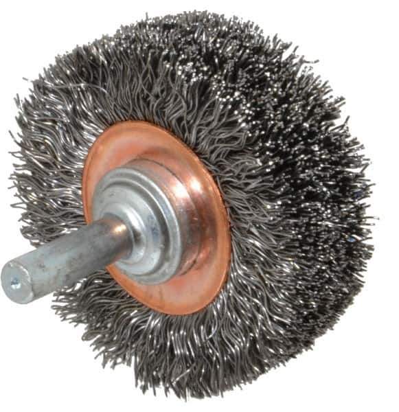 Weiler - 2" OD, 1/4" Shank Diam, Crimped Steel Wheel Brush - 3/4" Face Width, 7/16" Trim Length, 0.0118" Filament Diam, 20,000 RPM - Industrial Tool & Supply
