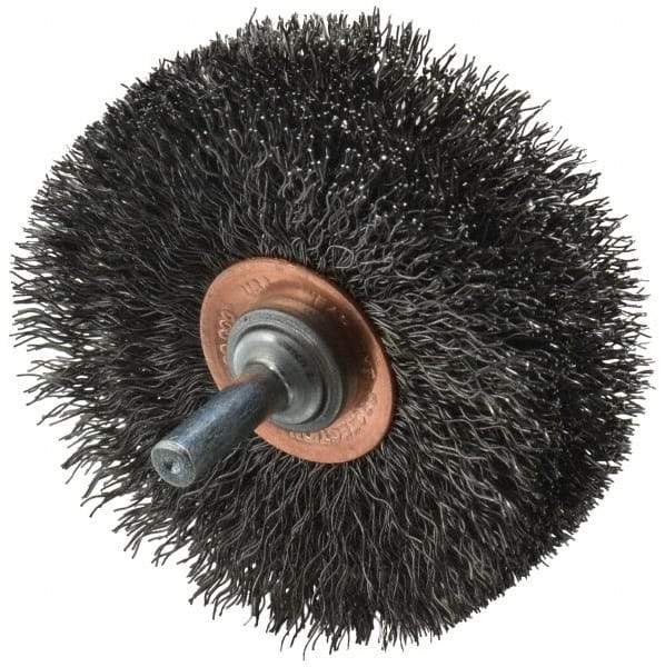 Weiler - 3" OD, 1/4" Shank Diam, Crimped Steel Wheel Brush - 1" Face Width, 15/16" Trim Length, 0.0118" Filament Diam, 20,000 RPM - Industrial Tool & Supply