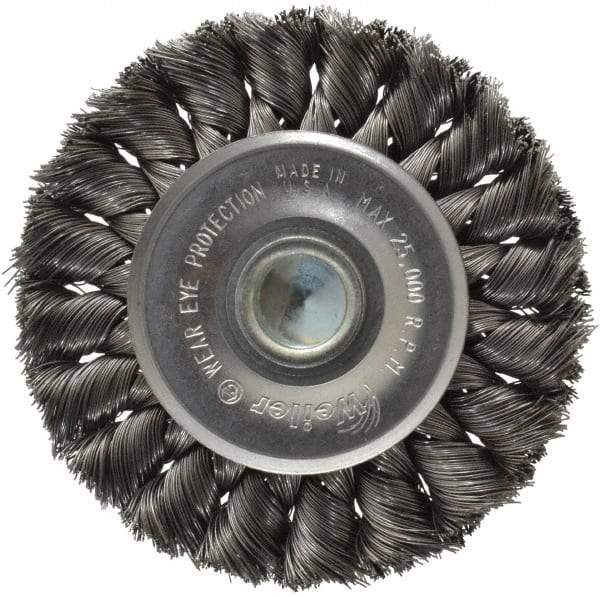 Weiler - 3-1/4" OD, 1/4" Shank Diam, Knotted Steel Wheel Brush - 3/8" Face Width, 5/8" Trim Length, 0.0118" Filament Diam, 25,000 RPM - Industrial Tool & Supply