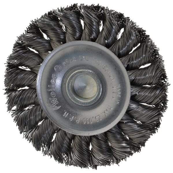 Weiler - 3-1/4" OD, 1/4" Shank Diam, Knotted Steel Wheel Brush - 3/8" Face Width, 5/8" Trim Length, 0.014" Filament Diam, 25,000 RPM - Industrial Tool & Supply