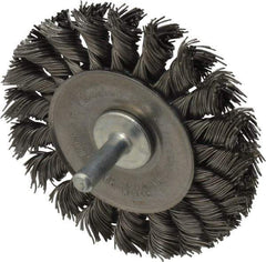 Weiler - 3-1/4" OD, 1/4" Shank Diam, Knotted Steel Wheel Brush - 3/8" Face Width, 5/8" Trim Length, 0.02" Filament Diam, 25,000 RPM - Industrial Tool & Supply