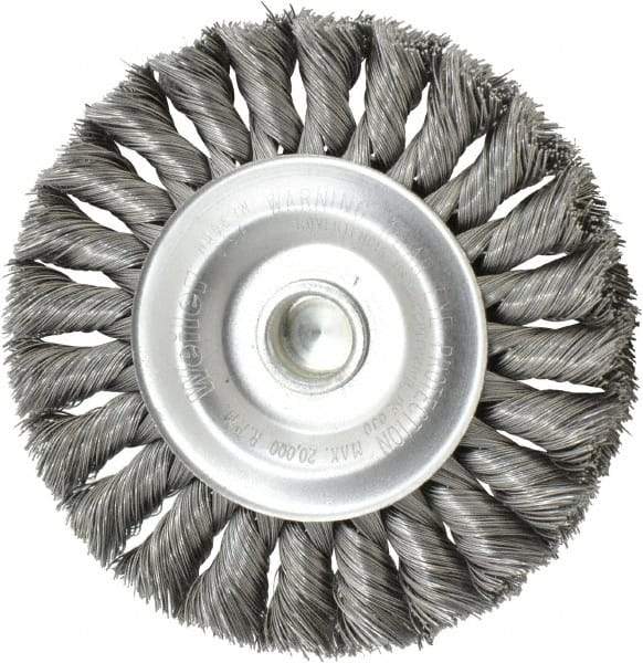 Weiler - 4" OD, 1/4" Shank Diam, Knotted Steel Wheel Brush - 1/2" Face Width, 7/8" Trim Length, 0.0118" Filament Diam, 20,000 RPM - Industrial Tool & Supply