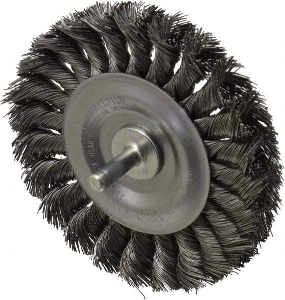 Weiler - 4" OD, 1/4" Shank Diam, Knotted Steel Wheel Brush - 1/2" Face Width, 7/8" Trim Length, 0.014" Filament Diam, 20,000 RPM - Industrial Tool & Supply