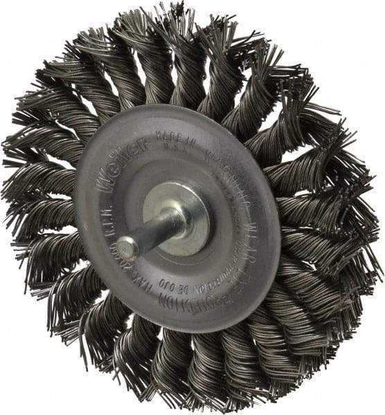Weiler - 4" OD, 1/4" Shank Diam, Knotted Steel Wheel Brush - 1/2" Face Width, 7/8" Trim Length, 0.02" Filament Diam, 20,000 RPM - Industrial Tool & Supply