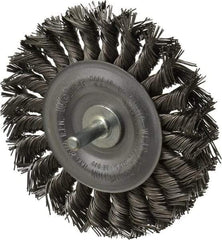 Weiler - 4" OD, 1/4" Shank Diam, Knotted Steel Wheel Brush - 1/2" Face Width, 7/8" Trim Length, 0.02" Filament Diam, 20,000 RPM - Industrial Tool & Supply