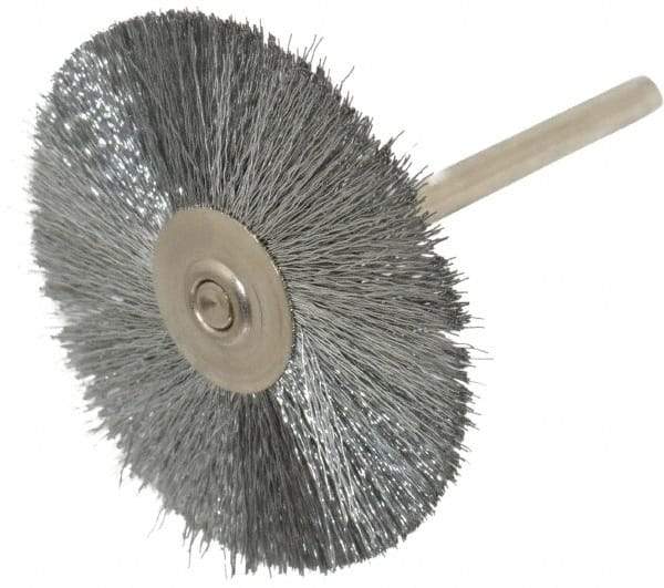 Weiler - 1-1/2" OD, 1/8" Shank Diam, Crimped Steel Wheel Brush - 1/2" Trim Length, 0.005" Filament Diam, 25,000 RPM - Industrial Tool & Supply