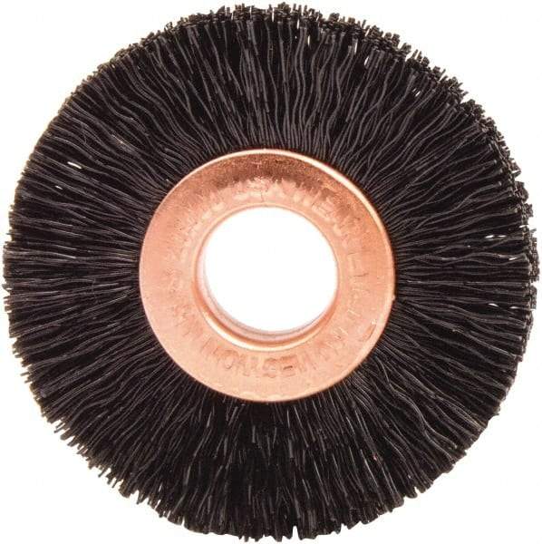 Weiler - 1-1/2" OD, 3/8" Arbor Hole, Nylon Wheel Brush - 1/4" Face Width, 7/16" Trim Length, 0.01" Filament Diam, 20,000 RPM - Industrial Tool & Supply
