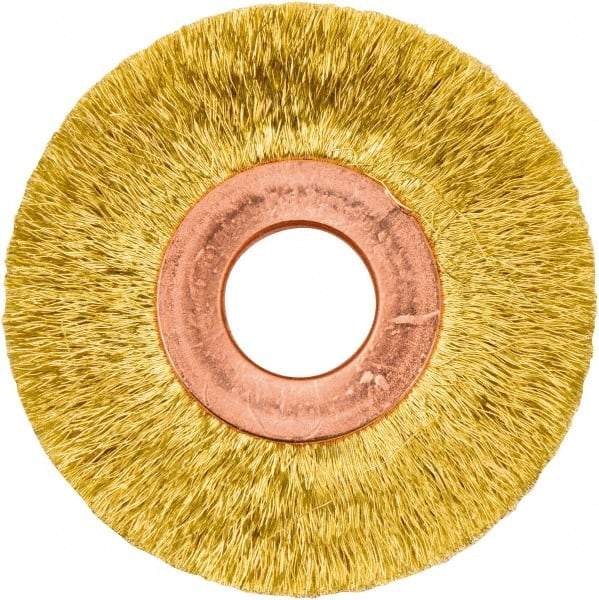 Weiler - 2" OD, 1/2" Arbor Hole, Crimped Brass Wheel Brush - 3/8" Face Width, 1/2" Trim Length, 0.005" Filament Diam, 20,000 RPM - Industrial Tool & Supply