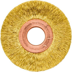 Weiler - 2" OD, 1/2" Arbor Hole, Crimped Brass Wheel Brush - 3/8" Face Width, 1/2" Trim Length, 0.005" Filament Diam, 20,000 RPM - Industrial Tool & Supply