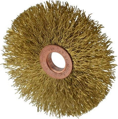 Weiler - 3" OD, 1/2" Arbor Hole, Crimped Brass Wheel Brush - 5/8" Face Width, 1" Trim Length, 0.014" Filament Diam, 20,000 RPM - Industrial Tool & Supply