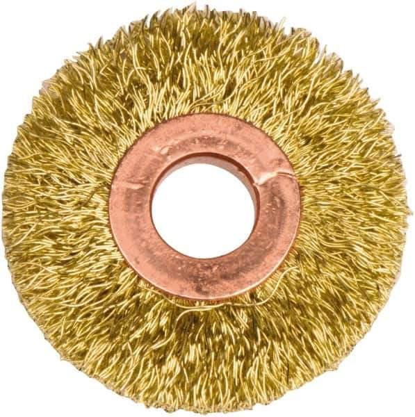 Weiler - 2" OD, 1/2" Arbor Hole, Crimped Brass Wheel Brush - 3/8" Face Width, 1/2" Trim Length, 0.0118" Filament Diam, 20,000 RPM - Industrial Tool & Supply