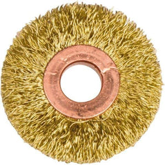 Weiler - 2" OD, 1/2" Arbor Hole, Crimped Brass Wheel Brush - 3/8" Face Width, 1/2" Trim Length, 0.0118" Filament Diam, 20,000 RPM - Industrial Tool & Supply