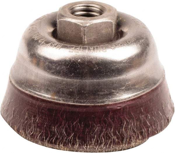 Weiler - 3-1/2" Diam, 5/8-11 Threaded Arbor, Steel Fill Cup Brush - 0.014 Wire Diam, 7/8" Trim Length, 12,000 Max RPM - Industrial Tool & Supply