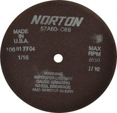 Norton - 7" 60 Grit Aluminum Oxide Cutoff Wheel - 1/16" Thick, 1/2" Arbor, 6,550 Max RPM, Use with Stationary Grinders - Industrial Tool & Supply