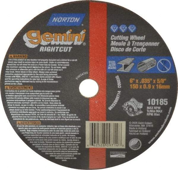 Norton - 6" 60 Grit Aluminum Oxide Cutoff Wheel - 0.035" Thick, 5/8" Arbor, 10,185 Max RPM, Use with Circular Saws - Industrial Tool & Supply