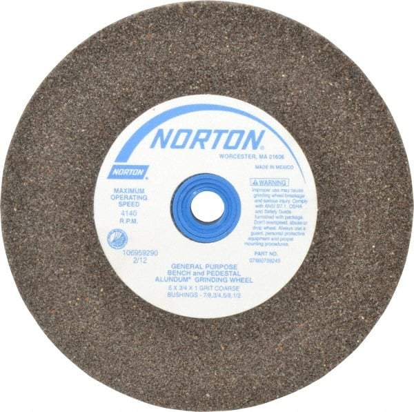 Norton - 36 Grit Aluminum Oxide Bench & Pedestal Grinding Wheel - 6" Diam x 1" Hole x 3/4" Thick, 4140 Max RPM, Very Coarse/Coarse Grade - Industrial Tool & Supply