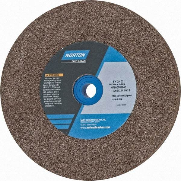 Norton - 60/80 Grit Aluminum Oxide Bench & Pedestal Grinding Wheel - 6" Diam x 1" Hole x 3/4" Thick, 4140 Max RPM, Medium Grade - Industrial Tool & Supply