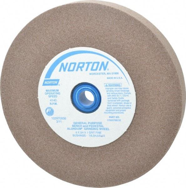 Norton - 100 Grit Aluminum Oxide Bench & Pedestal Grinding Wheel - 6" Diam x 1" Hole x 3/4" Thick, 4140 Max RPM, Fine Grade - Industrial Tool & Supply