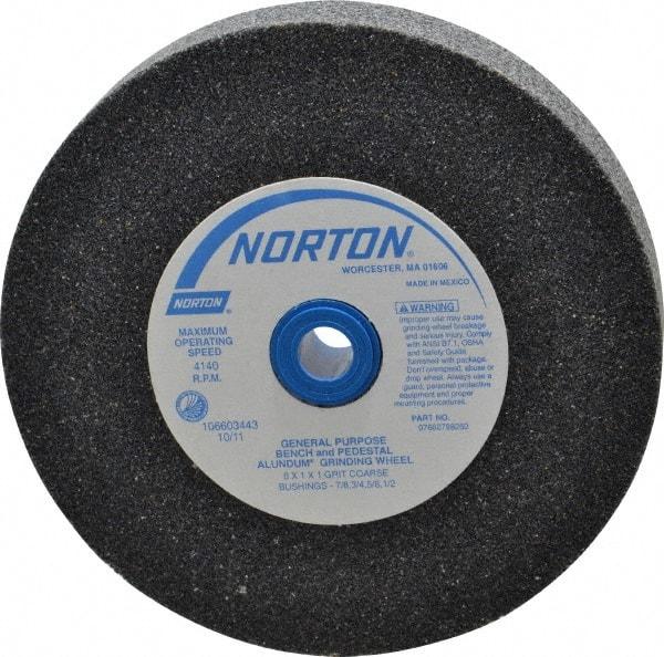 Norton - 36 Grit Aluminum Oxide Bench & Pedestal Grinding Wheel - 6" Diam x 1" Hole x 1" Thick, 4140 Max RPM, Very Coarse/Coarse Grade - Industrial Tool & Supply