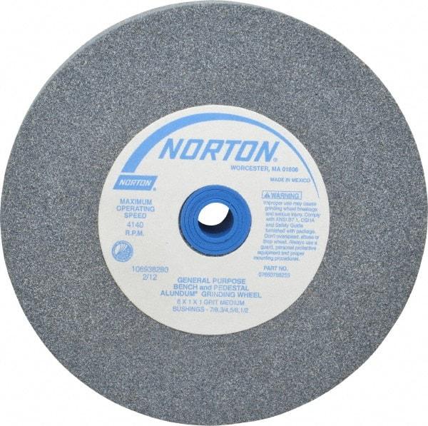 Norton - 60 Grit Aluminum Oxide Bench & Pedestal Grinding Wheel - 6" Diam x 1" Hole x 1" Thick, 4140 Max RPM, Medium Grade - Industrial Tool & Supply