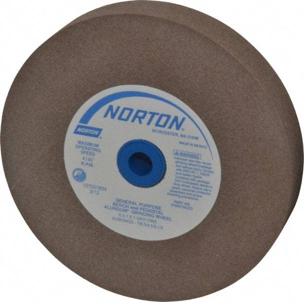 Norton - 100 Grit Aluminum Oxide Bench & Pedestal Grinding Wheel - 6" Diam x 1" Hole x 1" Thick, 4140 Max RPM, Fine Grade - Industrial Tool & Supply