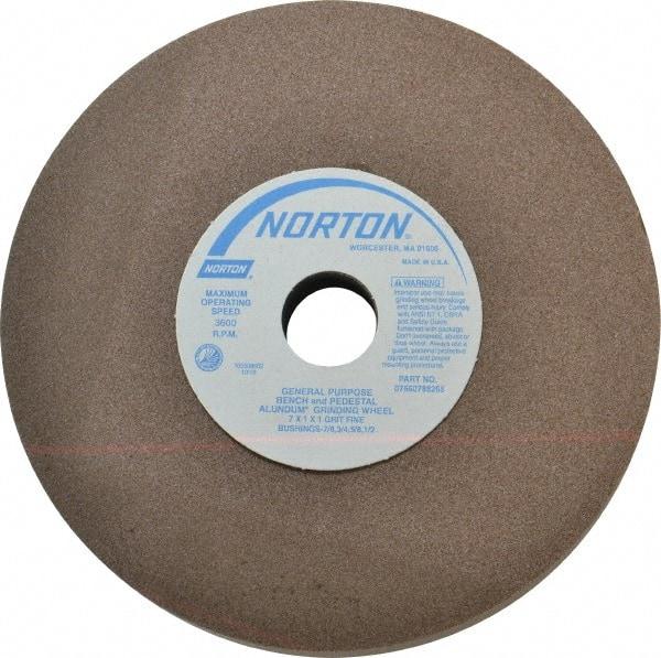 Norton - 100 Grit Aluminum Oxide Bench & Pedestal Grinding Wheel - 7" Diam x 1" Hole x 1" Thick, 3600 Max RPM, Fine Grade - Industrial Tool & Supply