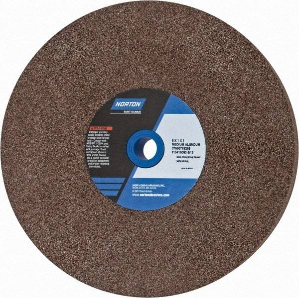 Norton - 60/80 Grit Aluminum Oxide Bench & Pedestal Grinding Wheel - 8" Diam x 1" Hole x 1" Thick, 3600 Max RPM, Medium Grade - Industrial Tool & Supply