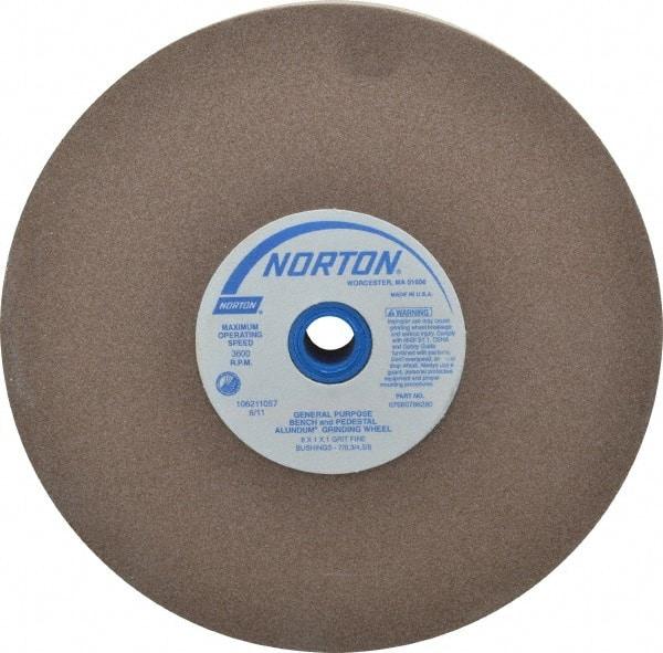 Norton - 100 Grit Aluminum Oxide Bench & Pedestal Grinding Wheel - 8" Diam x 1" Hole x 1" Thick, 3600 Max RPM, Fine Grade - Industrial Tool & Supply