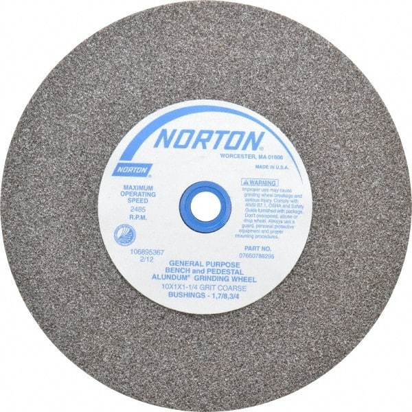 Norton - 36 Grit Aluminum Oxide Bench & Pedestal Grinding Wheel - 10" Diam x 1-1/4" Hole x 1" Thick, 2485 Max RPM, Very Coarse/Coarse Grade - Industrial Tool & Supply