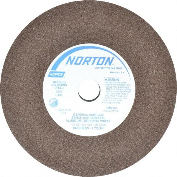 Norton - 60/80 Grit Aluminum Oxide Bench & Pedestal Grinding Wheel - 10" Diam x 1-1/4" Hole x 1" Thick, 2485 Max RPM, Medium Grade - Industrial Tool & Supply