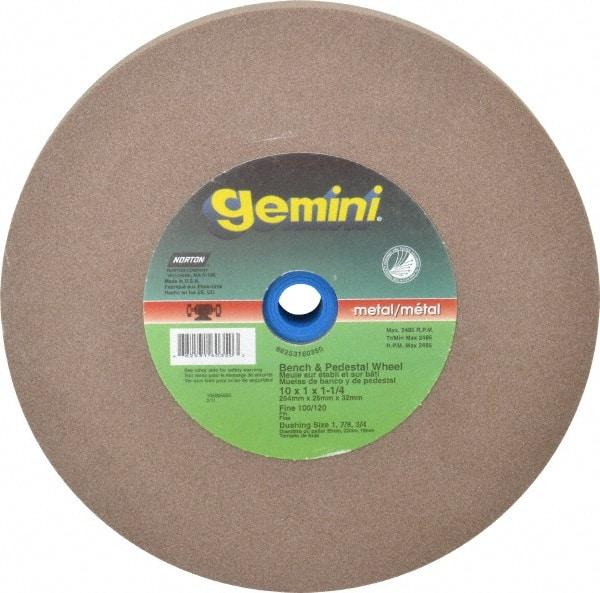 Norton - 100 Grit Aluminum Oxide Bench & Pedestal Grinding Wheel - 10" Diam x 1-1/4" Hole x 1" Thick, 2485 Max RPM, Fine Grade - Industrial Tool & Supply