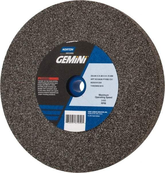 Norton - 36/46 Grit Aluminum Oxide Bench & Pedestal Grinding Wheel - 10" Diam x 1-1/4" Hole x 1-1/4" Thick, 2485 Max RPM, Very Coarse/Coarse Grade - Industrial Tool & Supply