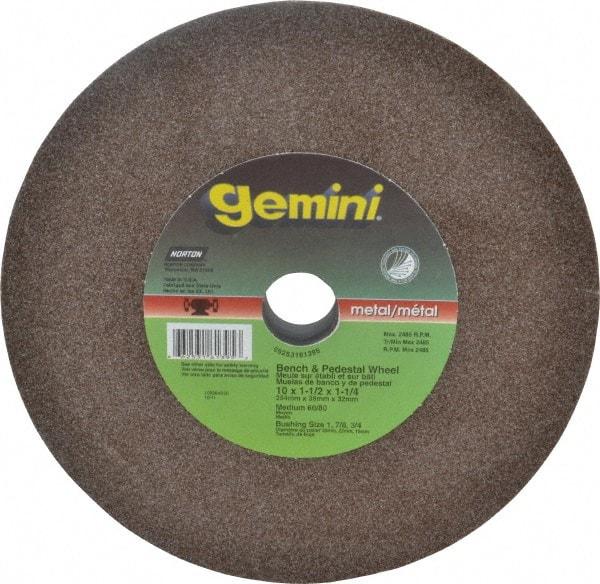 Norton - 60 Grit Aluminum Oxide Bench & Pedestal Grinding Wheel - 10" Diam x 1-1/4" Hole x 1-1/2" Thick, 2485 Max RPM, Medium Grade - Industrial Tool & Supply